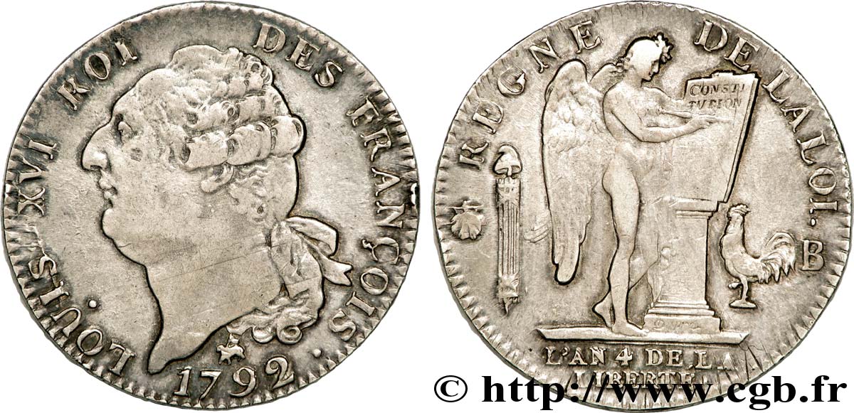LOUIS XVI (MONARQUE CONSTITUTIONNEL)  Écu dit &nbsp;au génie&nbsp;, légende FRANÇOIS 1792 Rouen TTB+
