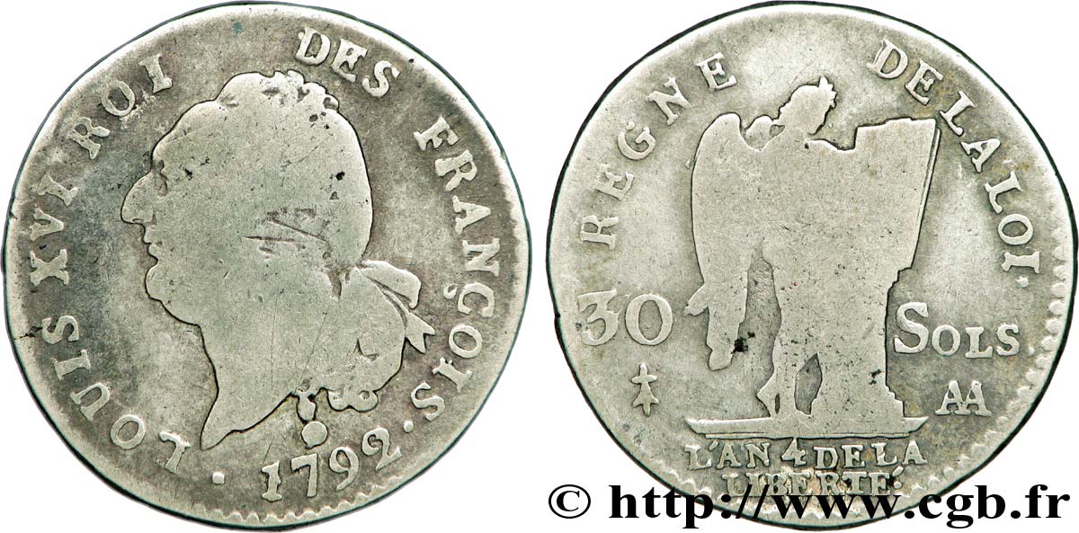 LOUIS XVI (MONARQUE CONSTITUTIONNEL)  30 sols dit &nbsp;au génie&nbsp;, type FRANÇOIS 1792 Metz B