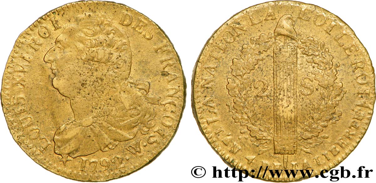LOUIS XVI 2 sols dit &nbsp;au faisceau&nbsp;, type FRANÇOIS 1792 Arras XF/VF