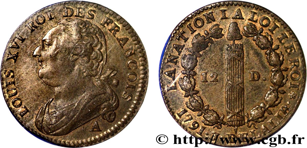 LOUIS XVI 12 deniers dit  au faisceau , type FRANCOIS 1791 Paris, Monnaie de Matignon AU