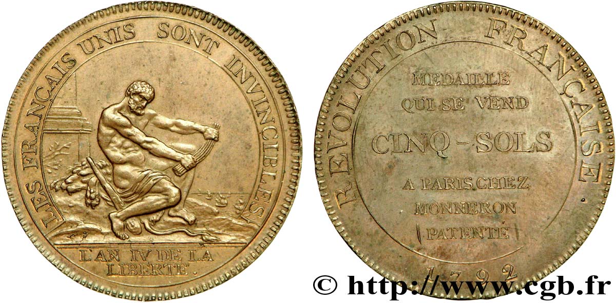 REVOLUTION COINAGE Monneron de 5 sols à l Hercule, frappe médaille 1792 Birmingham, Soho SC