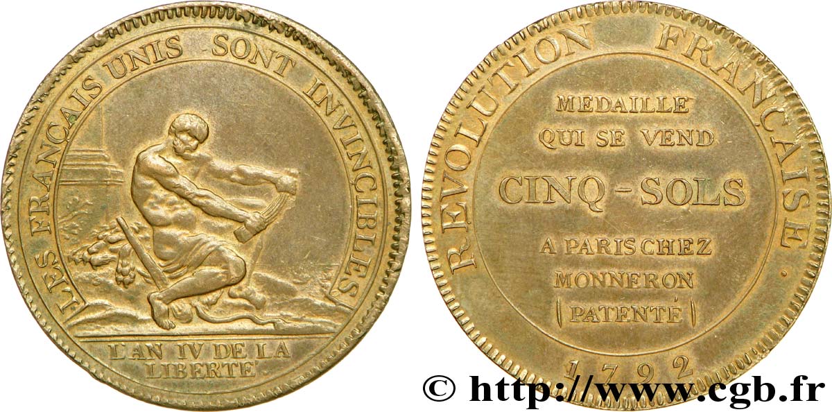REVOLUTION COINAGE Monneron de 5 sols à l Hercule, frappe médaille 1792 Birmingham, Soho VZ