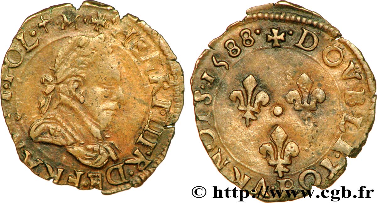 HENRI III Double tournois, 2e type de Dijon 1588 Dijon TTB+