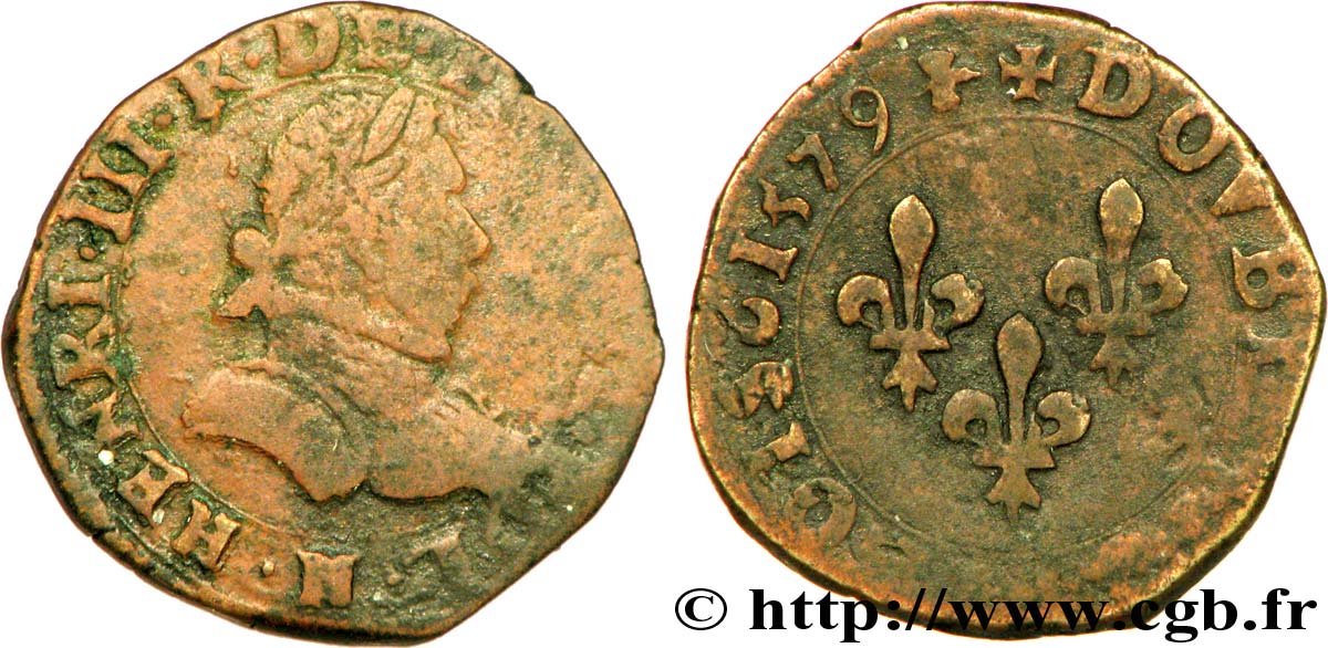 HENRY III Double tournois, 1er type de la Rochelle 1579 La Rochelle VF