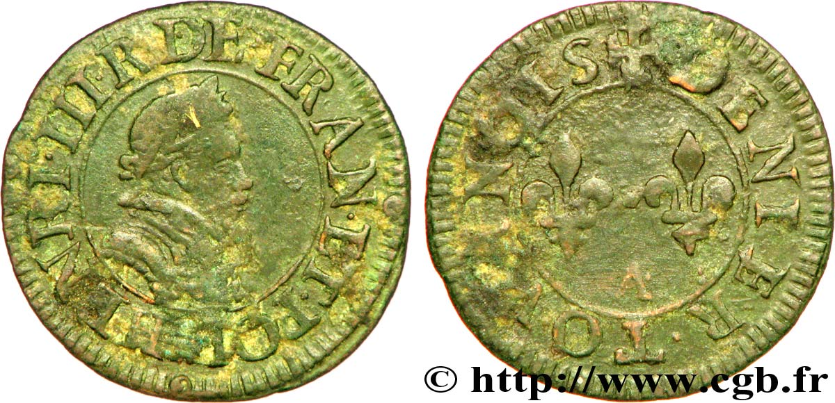 HENRI III Denier tournois, 1er type de Paris n.d. Paris, Moulin des Étuves TTB/TB+