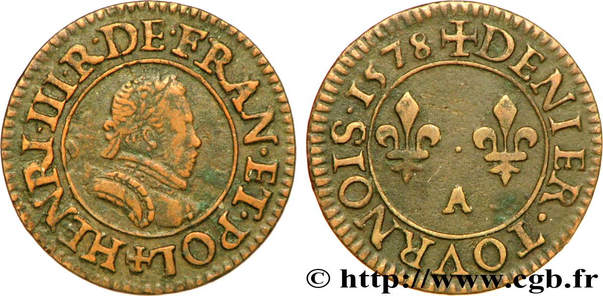 HENRI III Denier tournois, 1er type de Paris 1578 Paris TTB