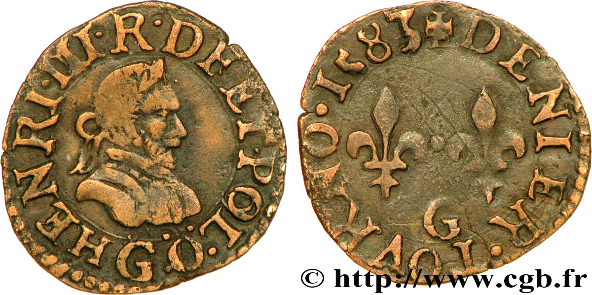 HENRY III Denier tournois, type de Poitiers 1583 Poitiers AU