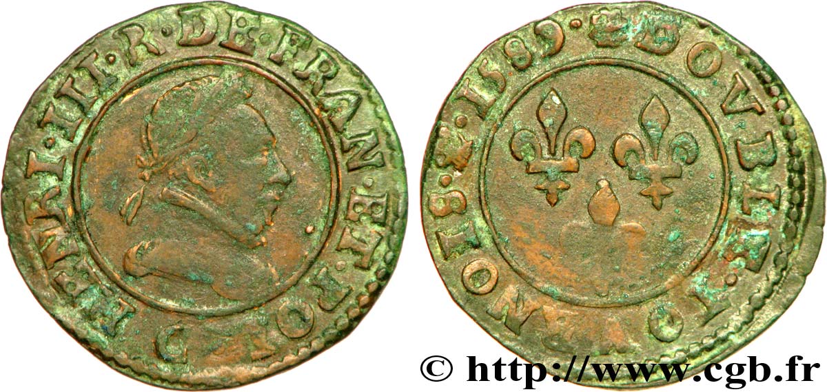 HENRI III Double tournois, type de Saint-Lô 1589 Saint-Lô TTB