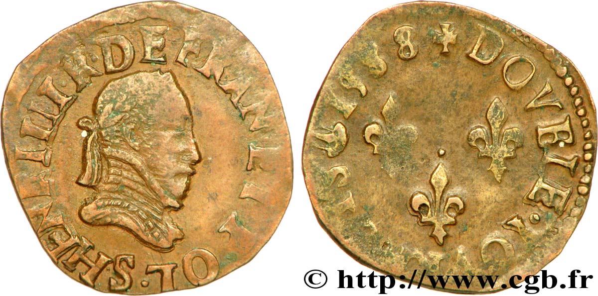 HENRY III Double tournois, type de Troyes 1588 Troyes MBC+/MBC