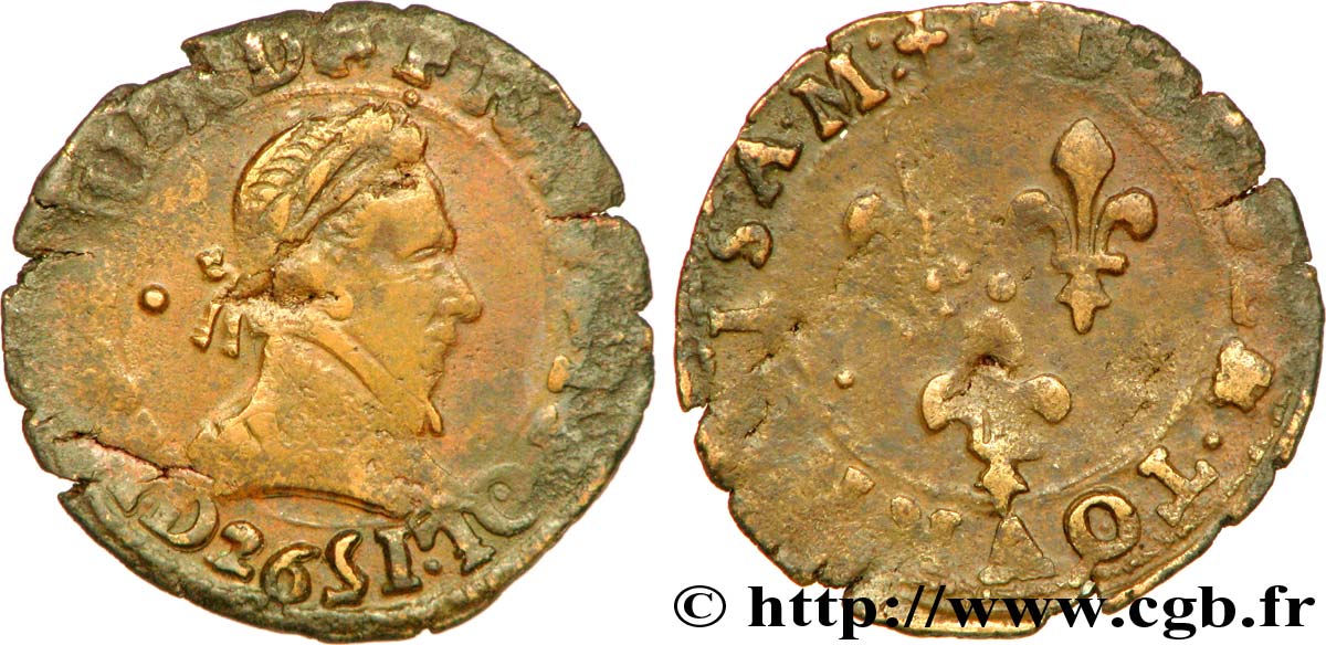 THE LEAGUE. COINAGE IN THE NAME OF HENRY III Double tournois, type de Lyon 1592 Lyon XF/VF