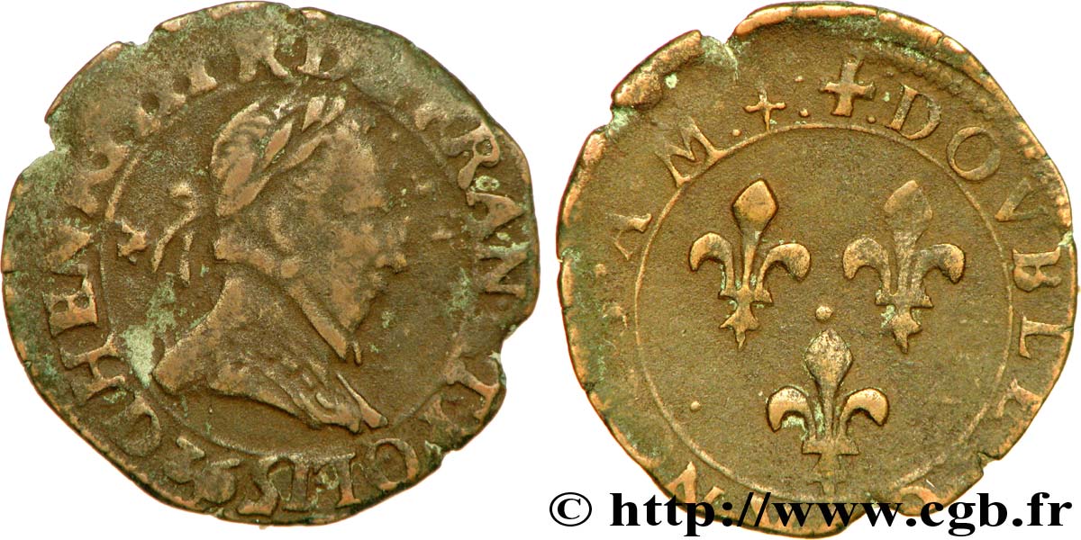 THE LEAGUE. COINAGE IN THE NAME OF HENRY III Double tournois, type de Lyon 1592 Lyon VF/XF