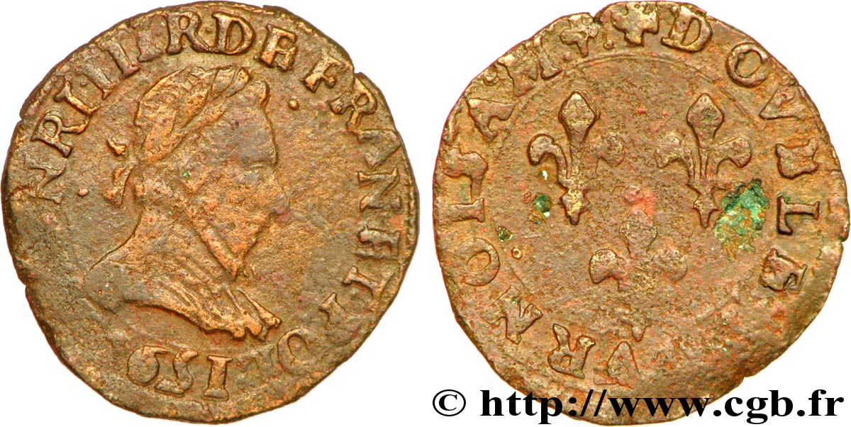 LIGUE. COINAGE AT THE NAME OF HENRY III Double tournois, type de Lyon 1592 Lyon VF/VF