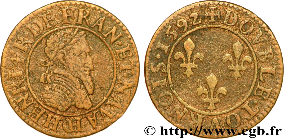 HENRY IV Double tournois, 2e type de Châlons-sur-Marne 1592 Châlons-en-Champagne VF