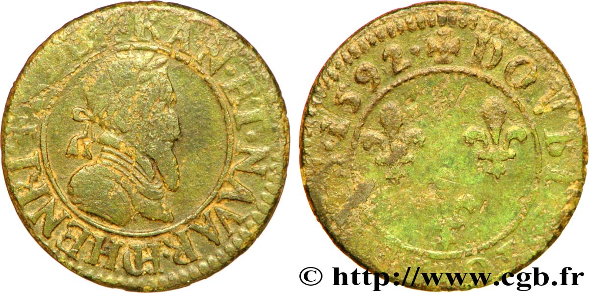 HENRY IV Double tournois, 2e type de Châlons-sur-Marne 1592 Châlons-en-Champagne q.BB