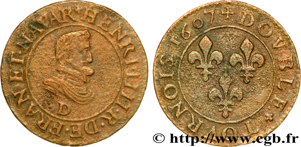 HENRY IV Double tournois, 1er buste de Lyon 1607 Lyon q.BB