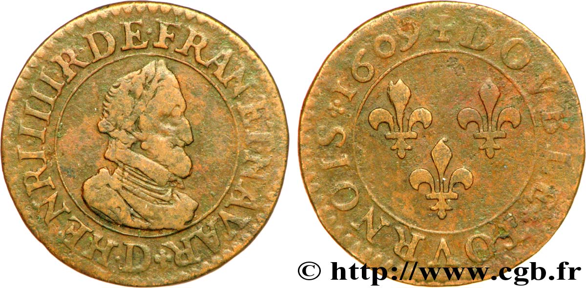 HENRY IV Double tournois, 2e type de Lyon 1609 Lyon q.BB