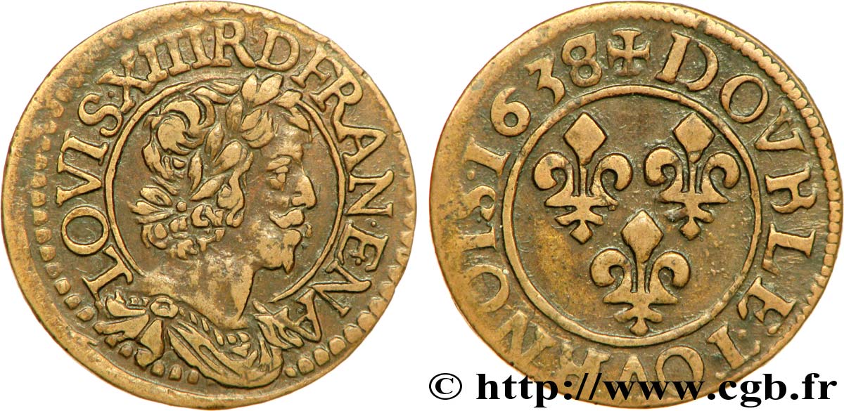 LOUIS XIII Double tournois, type 15 1638 Tours AU