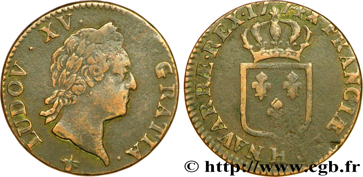 LOUIS XV  THE WELL-BELOVED  Sol dit  à la vieille tête  1774 La Rochelle BB/q.BB