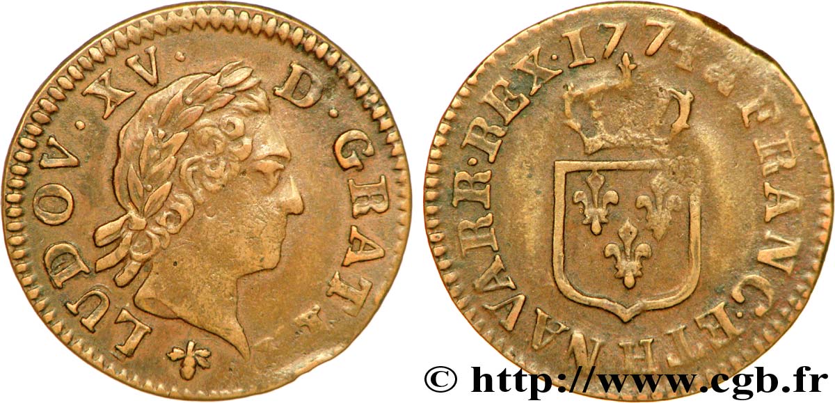 LOUIS XV DIT LE BIEN AIMÉ Liard dit &nbsp;à la vieille tête&nbsp; 1774 La Rochelle TTB+