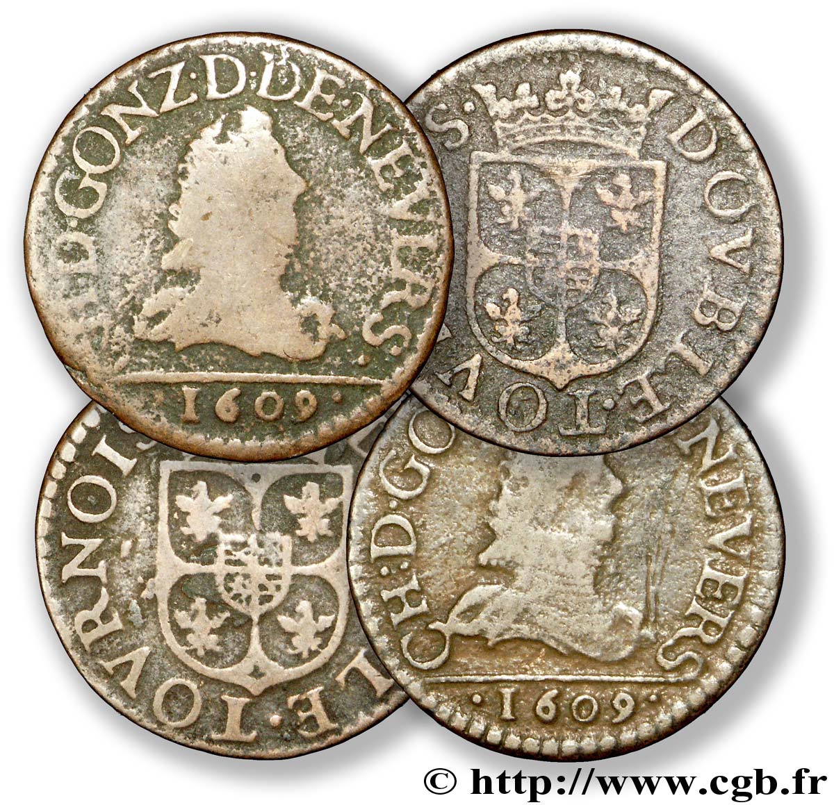 ARDENNES - PRINCIPALITY OF ARCHES-CHARLEVILLE - CHARLES I GONZAGA Lot de 4 doubles tournois, type 3 XF/AU