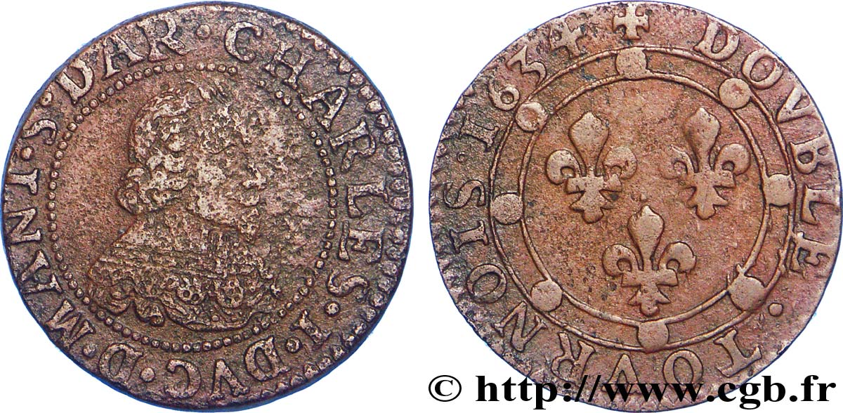 ARDENNES - PRINCIPAUTY OF ARCHES-CHARLEVILLE - CHARLES I OF GONZAGUE Double tournois, large col en dentelles XF