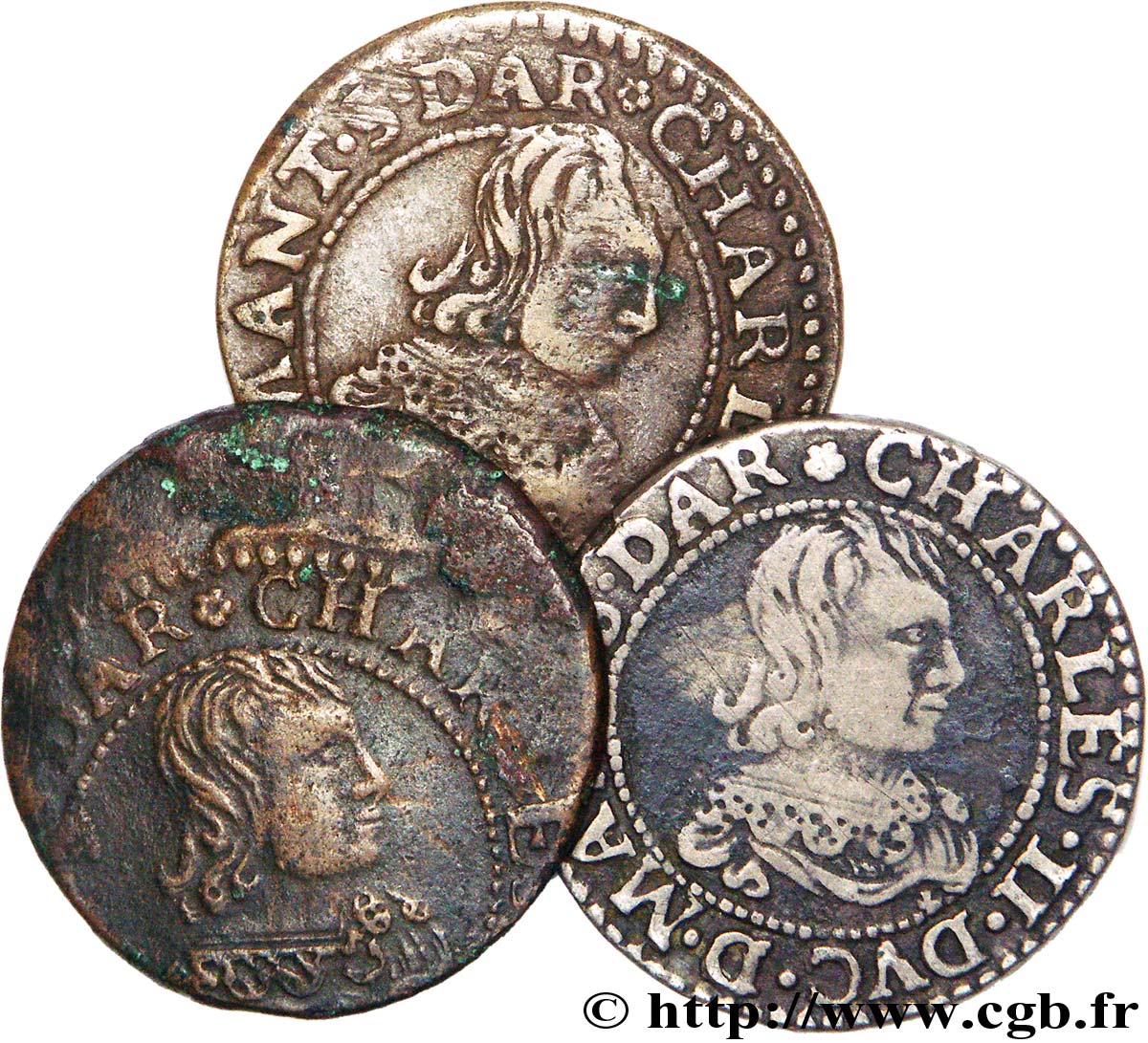 ARDENNES - PRINCIPALITY OF ARCHES-CHARLEVILLE - CHARLES II GONZAGA Lot de 3 double tournois, type 22 VF