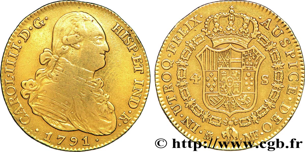 ESPAÑA - REINO DE ESPAÑA - CARLOS IV 4 escudos en or 1791 Madrid MBC/MBC+