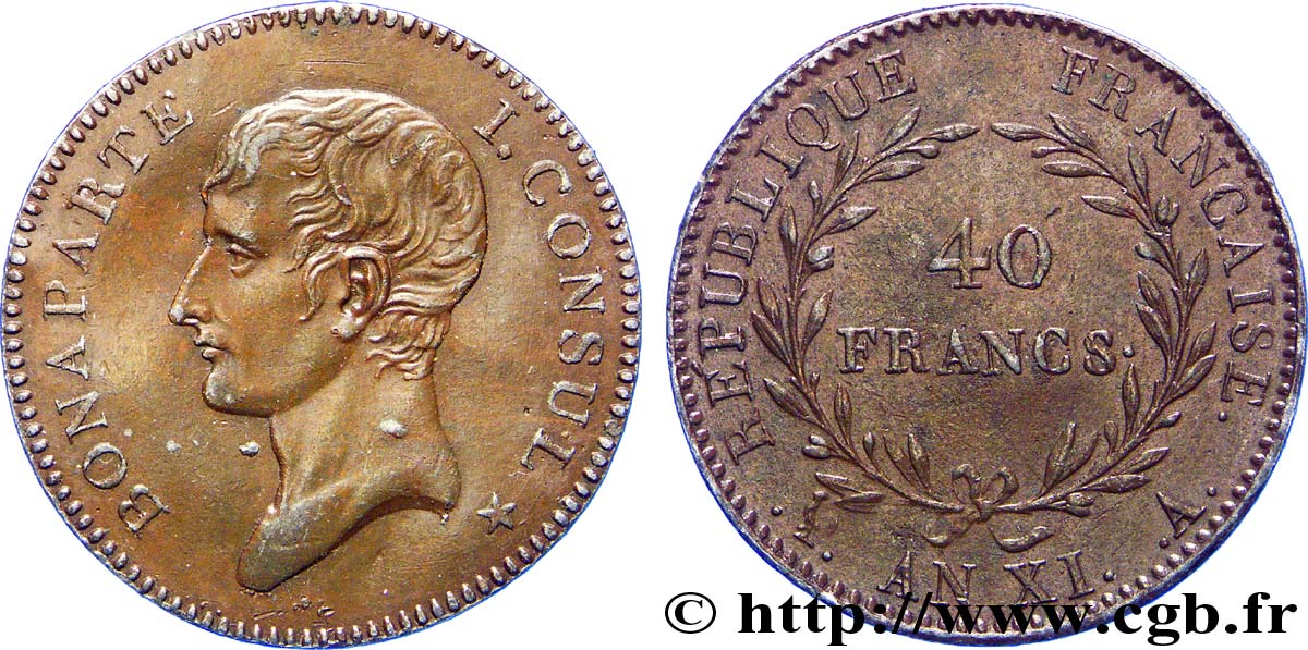 Épreuve de 40 francs Bonaparte Premier Consul par Brenet 1803 Paris VG.-  AU 