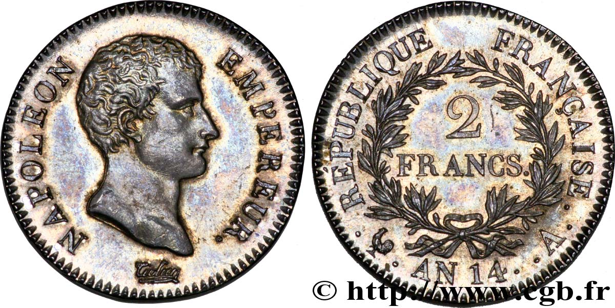 2 francs Napoléon Empereur, Calendrier révolutionnaire 1805 Paris F.251/27 SPL 