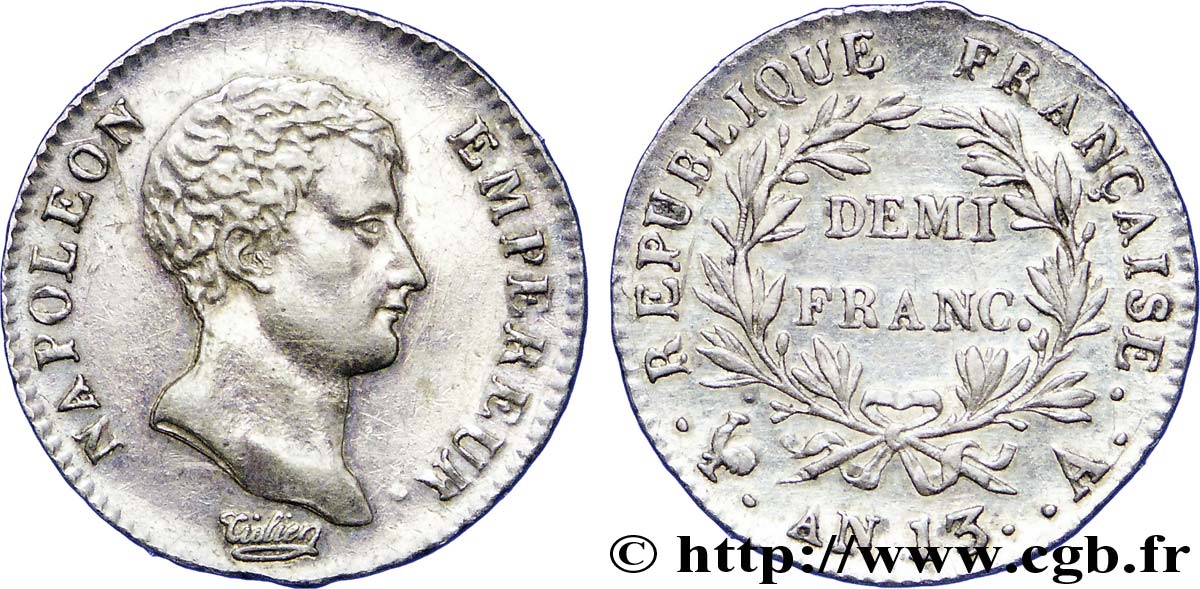 Demi-franc Napoléon Empereur, Calendrier révolutionnaire 1805 Paris F.174/10 BB 