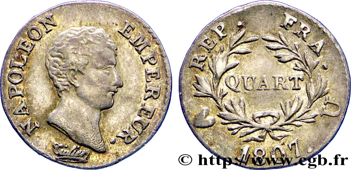 Quart (de franc) Napoléon Empereur, Calendrier grégorien 1807 Turin F.159/11 BC 