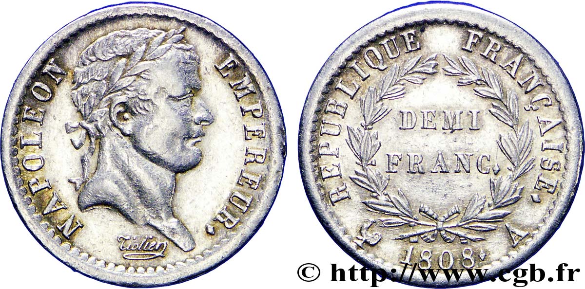 Demi-franc Napoléon Ier tête laurée, République française 1808 Paris F./ SUP 