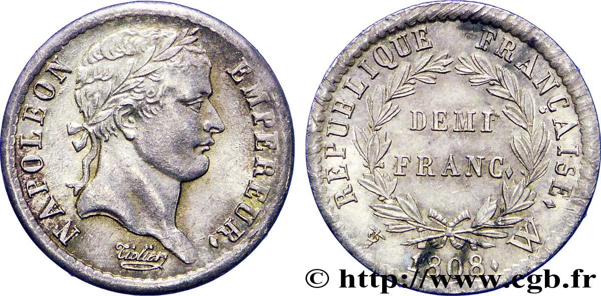 Demi-franc Napoléon Ier tête laurée, République française 1808 Lille F.177/16 AU 