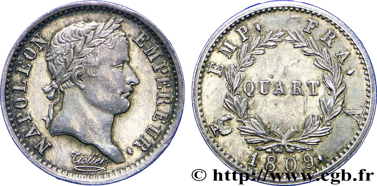 Quart (de franc) Napoléon Ier tête laurée, Empire français 1809 Paris F.162/1 AU 