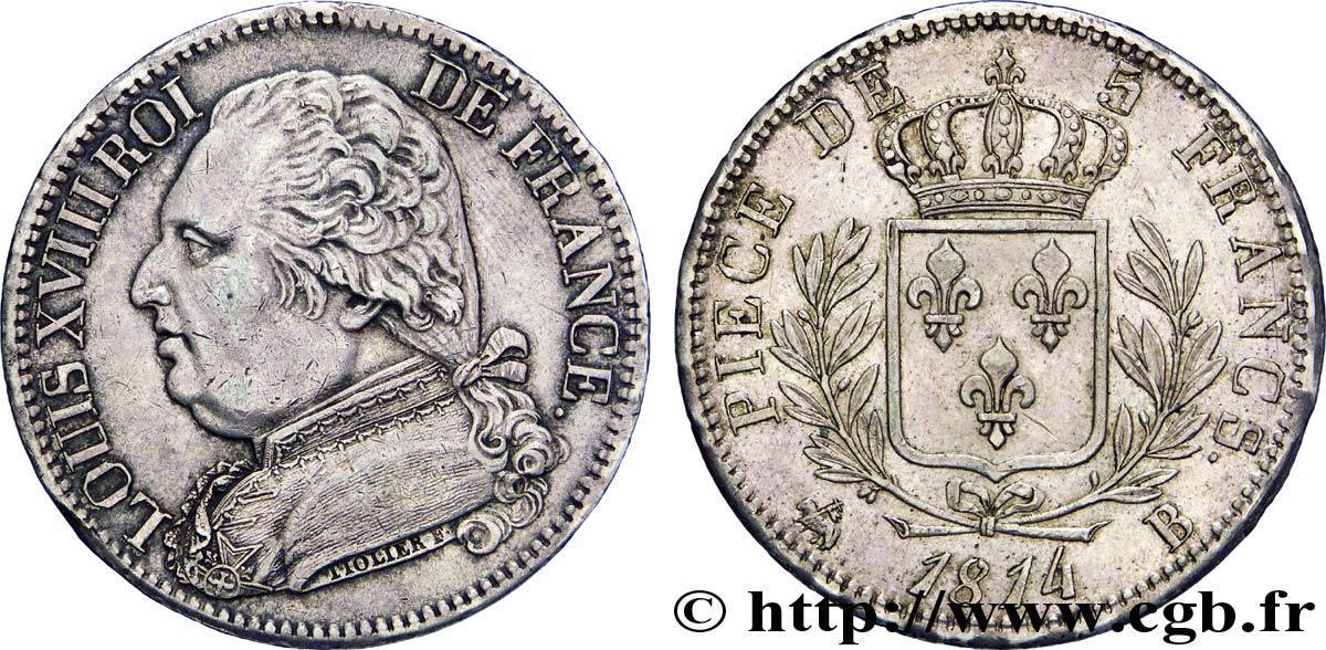 5 francs Louis XVIII, buste habillé 1814 Rouen F.308/2 XF 