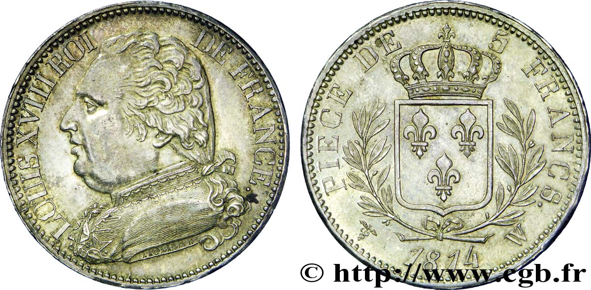 5 francs Louis XVIII, buste habillé 1814 Lille F.308/13 SPL 