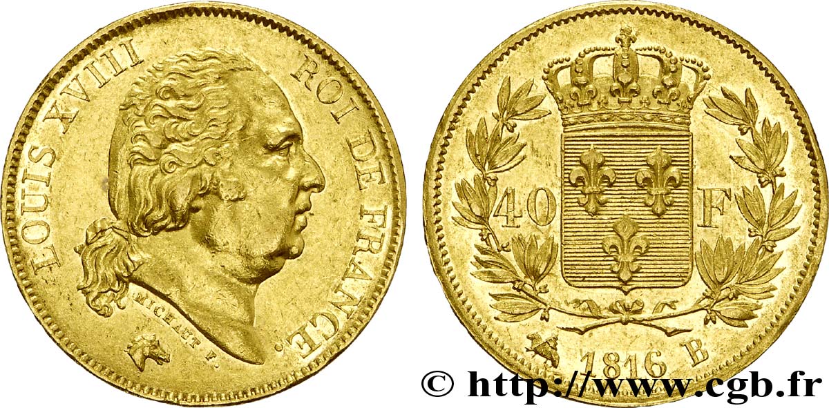40 francs or Louis XVIII 1816 Rouen F.542/2 XF 