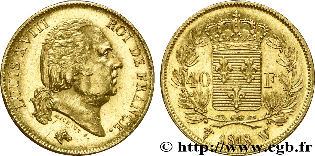 40 francs or Louis XVIII 1818 Lille F.542/8 AU 