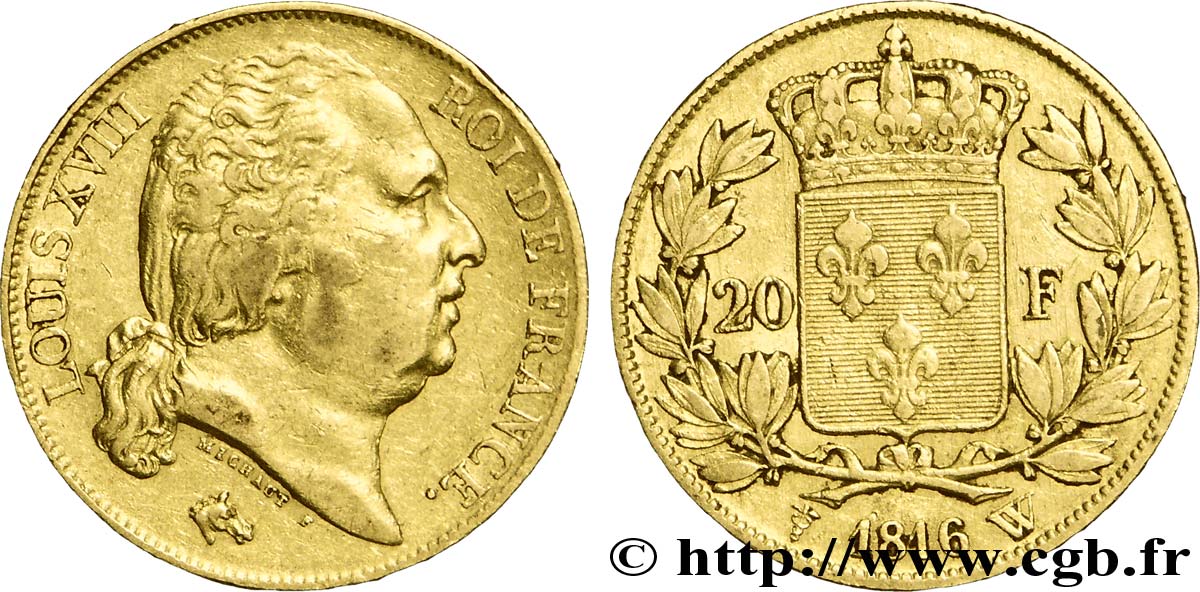 20 francs or Louis XVIII, tête nue 1816 Lille F.519/4 BB 