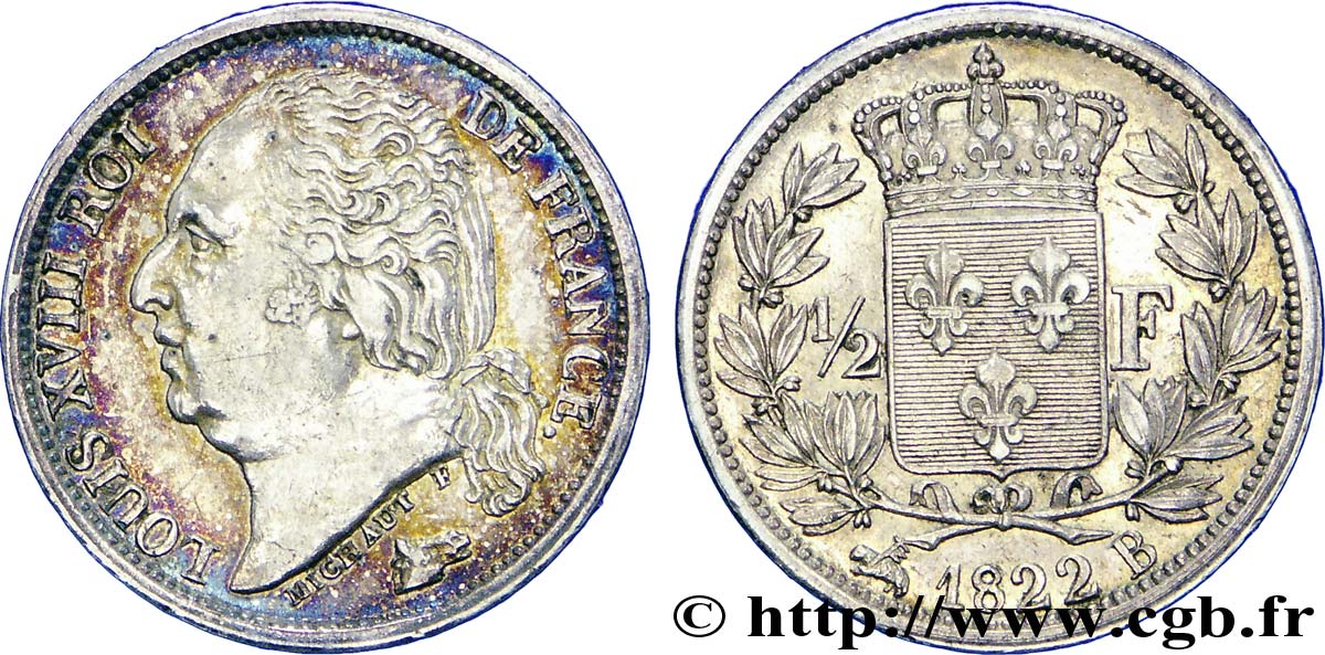 1/2 franc Louis XVIII 1822 Rouen F.179/31 XF 