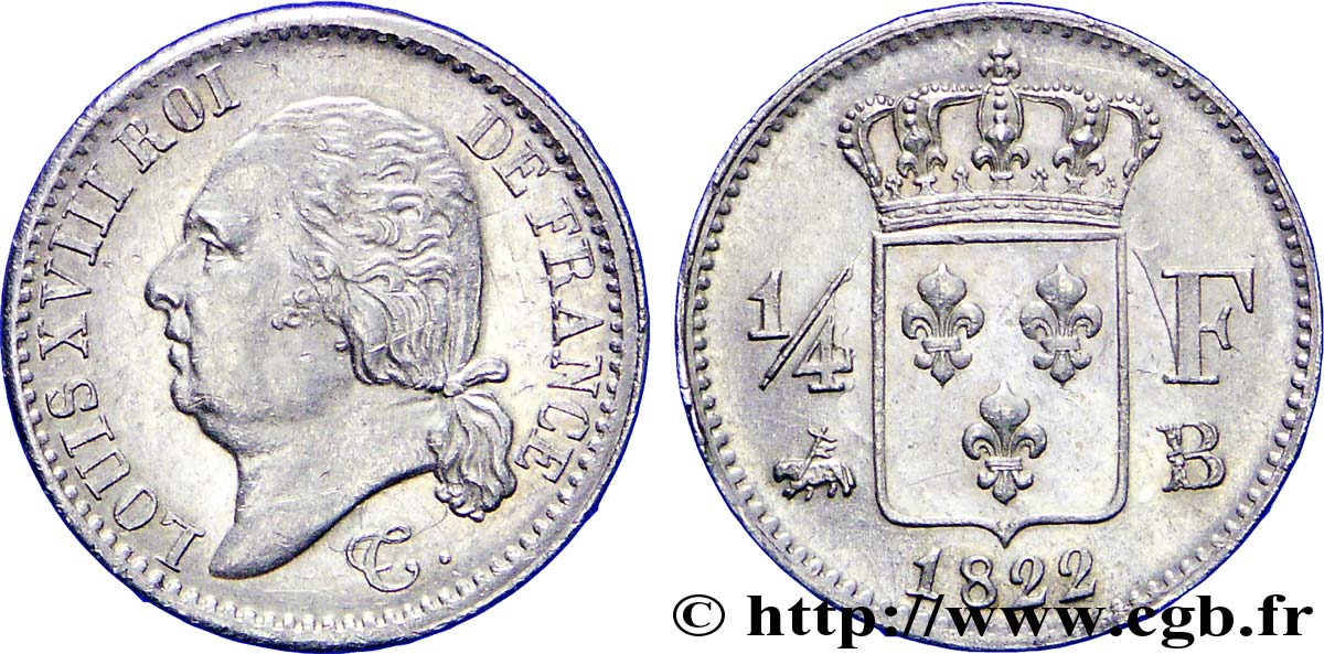 1/4 franc Louis XVIII 1822 Rouen F.163/22 BB 