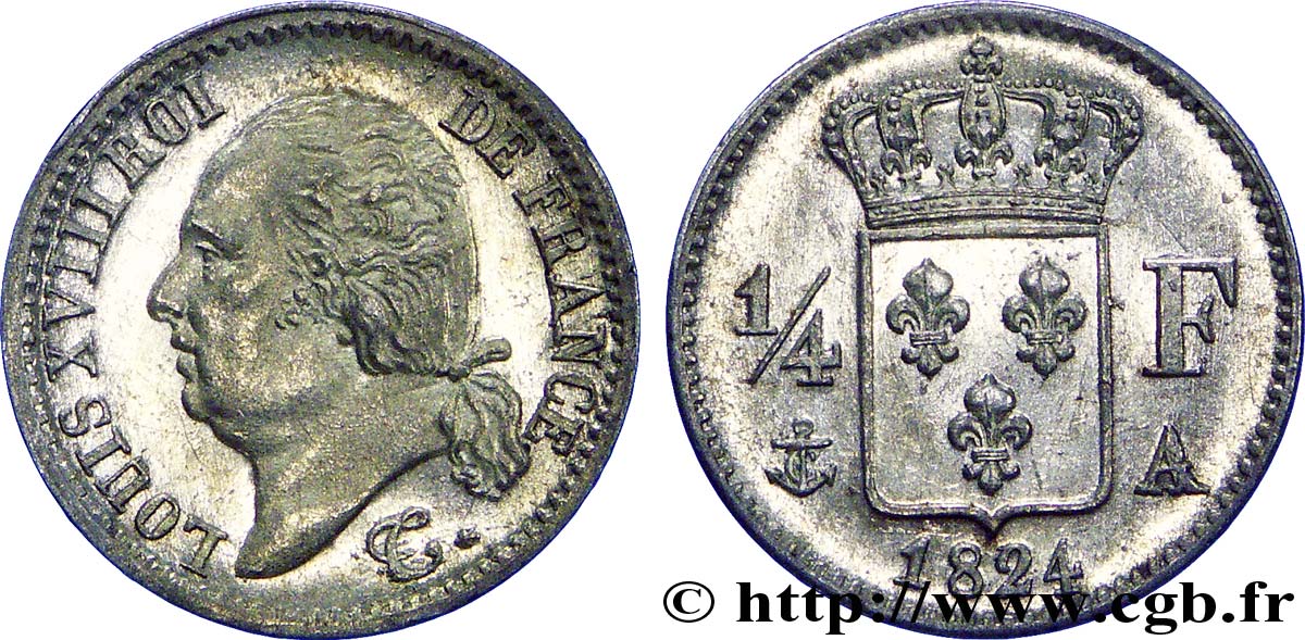 1/4 franc Louis XVIII 1824 Paris F.163/31 SPL 