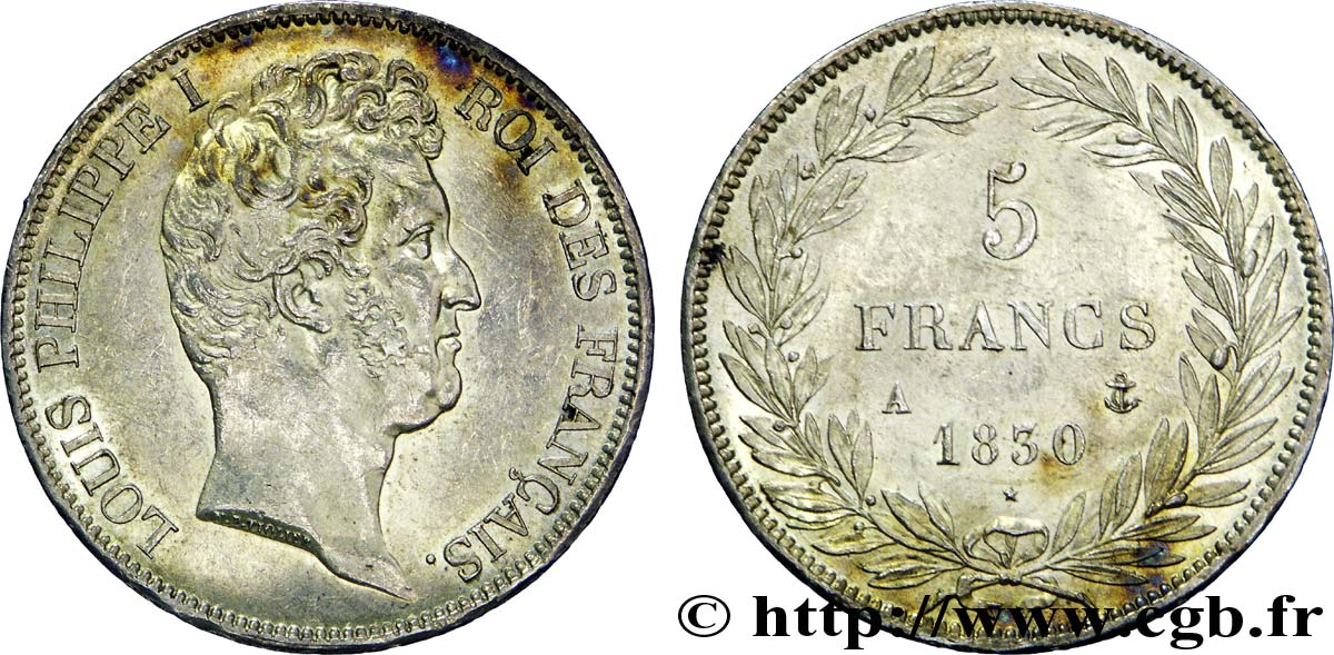 5 francs type Tiolier avec le I, tranche en creux 1830 Paris F.315/1 SUP 