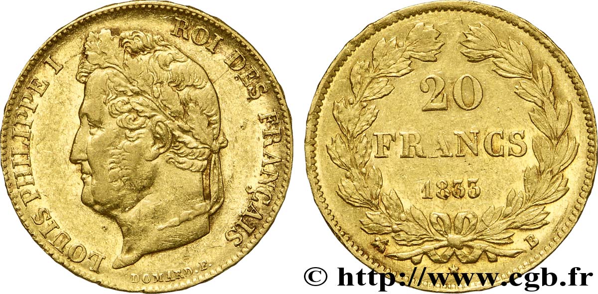 20 francs or Louis-Philippe, Domard 1833 Rouen F.527/5 XF 