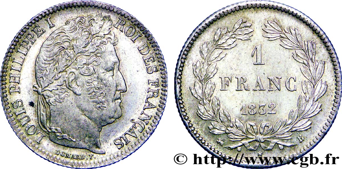 1 franc Louis-Philippe, couronne de chêne 1832 Rouen F.210/2 EBC 