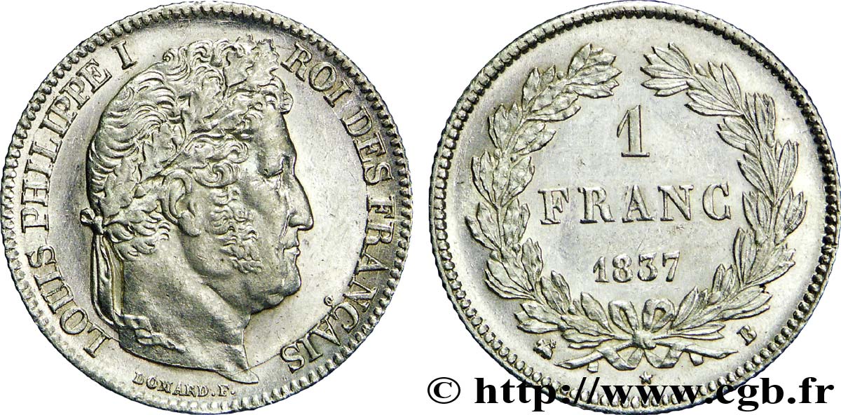 1 franc Louis-Philippe, couronne de chêne 1837 Rouen F.210/56 AU 