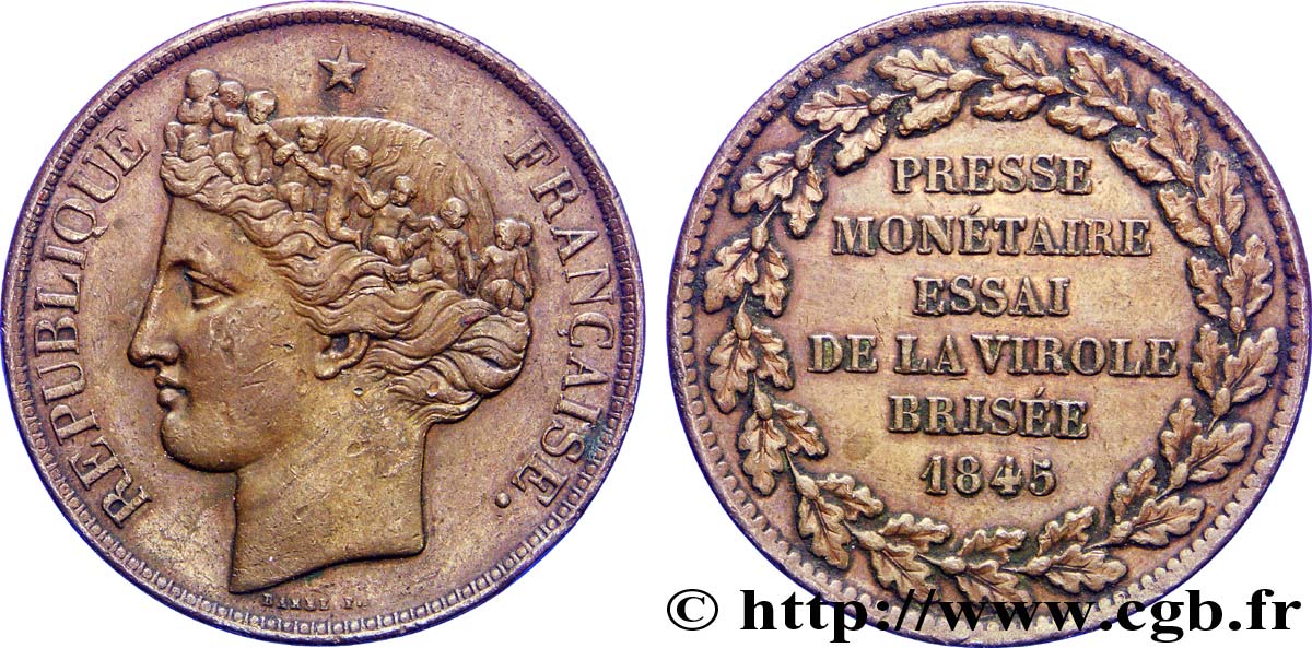 Concours de 5 francs, essai de Barre 1848 Paris VG.cf. 3060 var. XF 