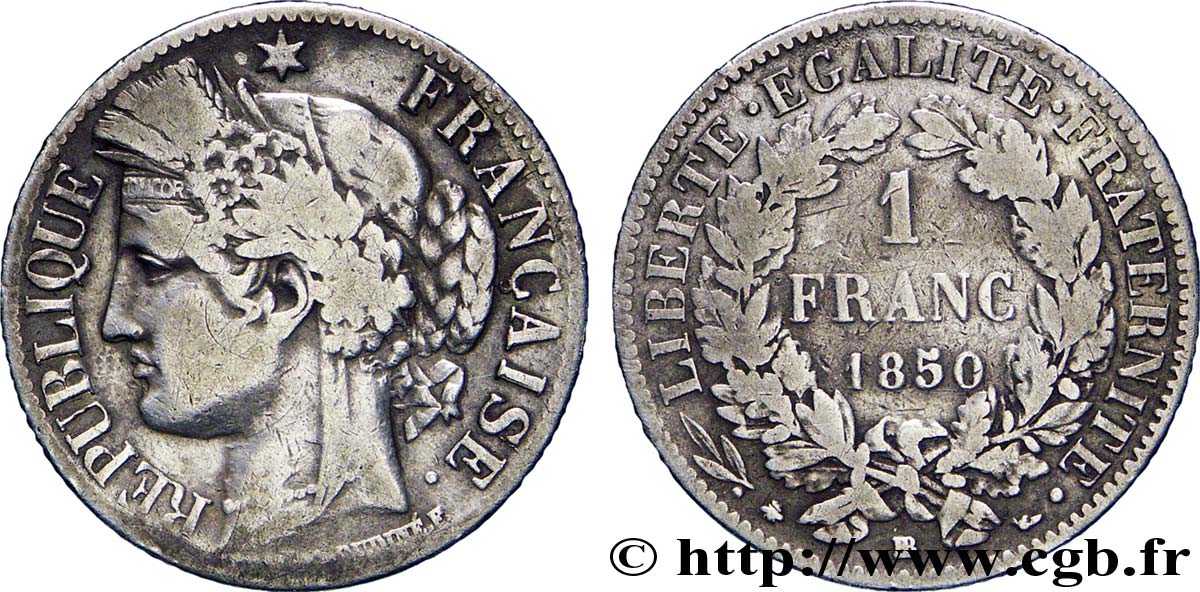 1 franc Cérès, IIe République 1850 Strasbourg F.211/6 TB 