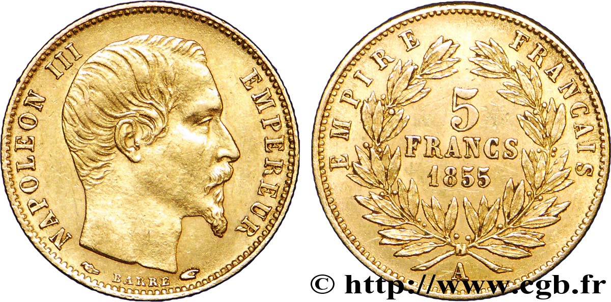 5 francs or Napoléon III tête nue, petit module 1855 Paris F.500A/2 MBC 