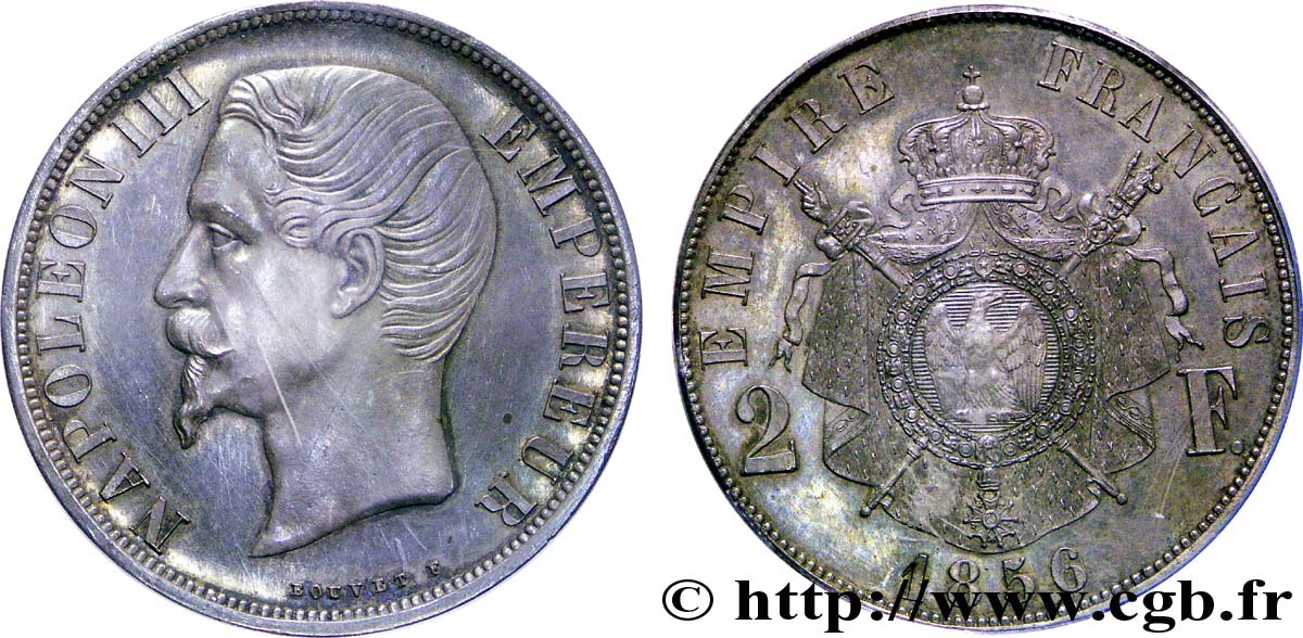Essai de 2 francs Napoléon III, tête nue 1856  VG.3468  AU 